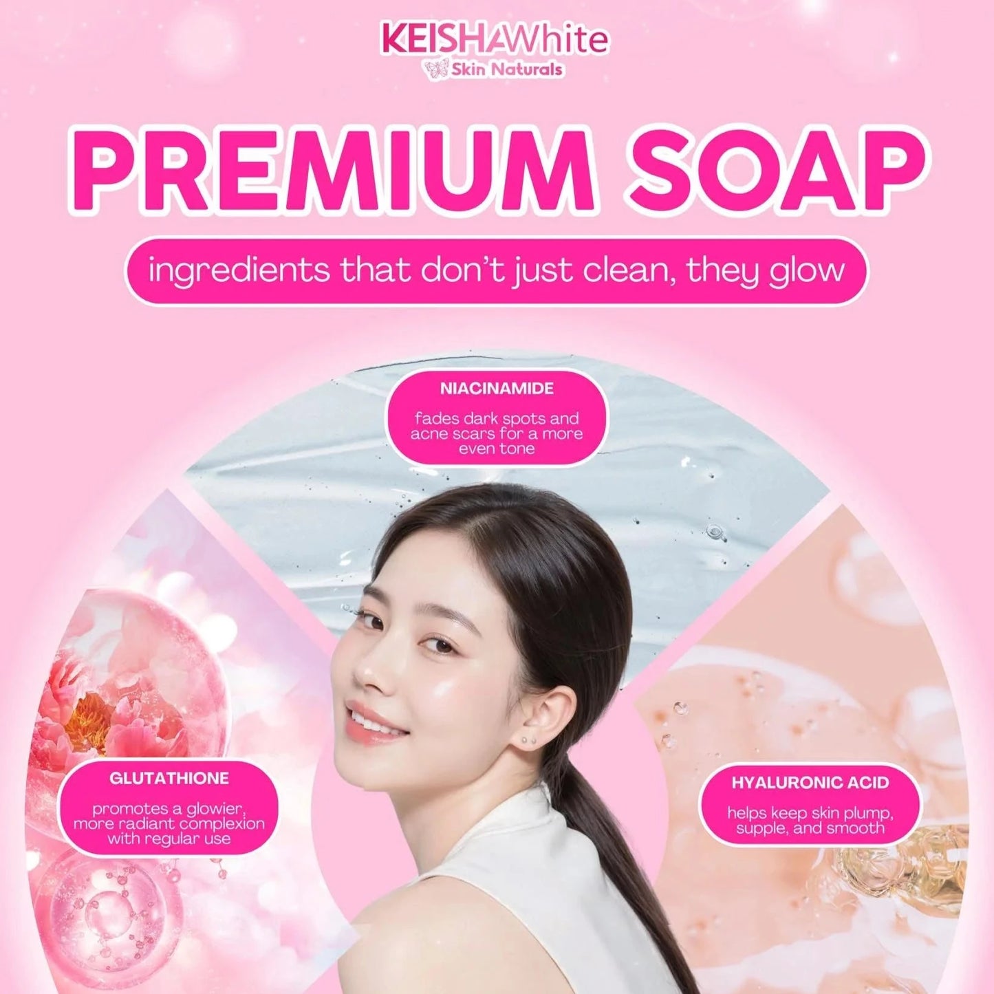Advertisement for KEISHA White Premium Soap with a woman and product ingredients on a pink background