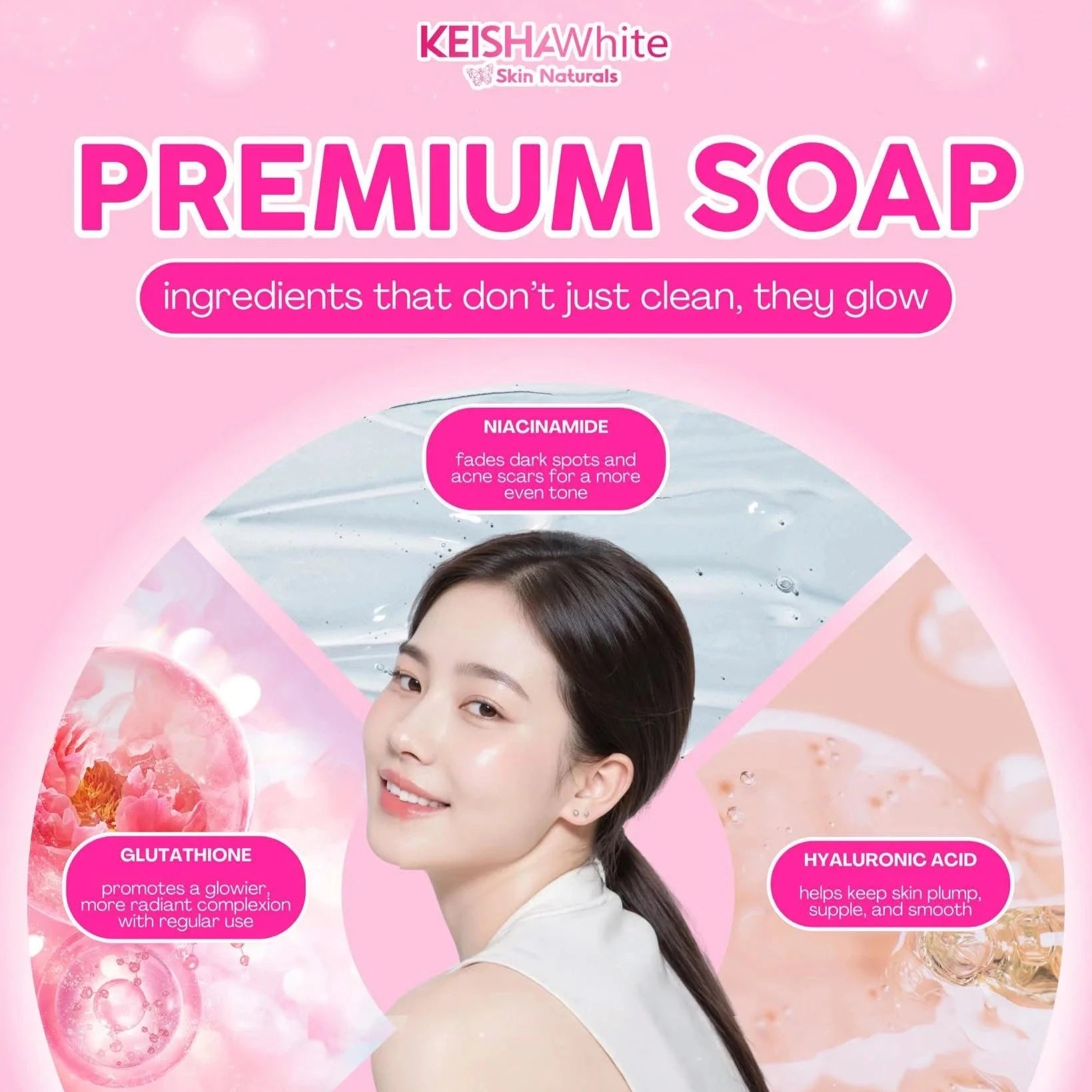 Advertisement for KEISHA White Premium Soap with a woman and product ingredients on a pink background