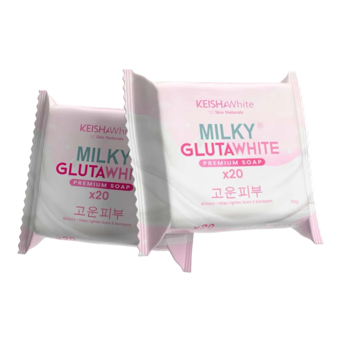 Two packs of Milky Glutawhite premium soap by Keishah White on a white background