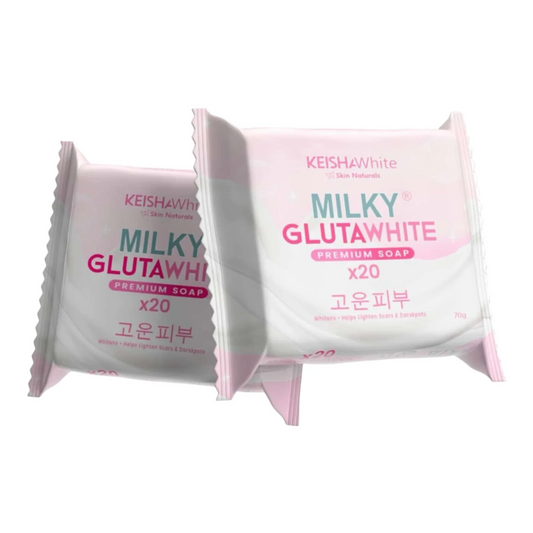 Two packs of Milky Glutawhite premium soap by Keishah White on a white background