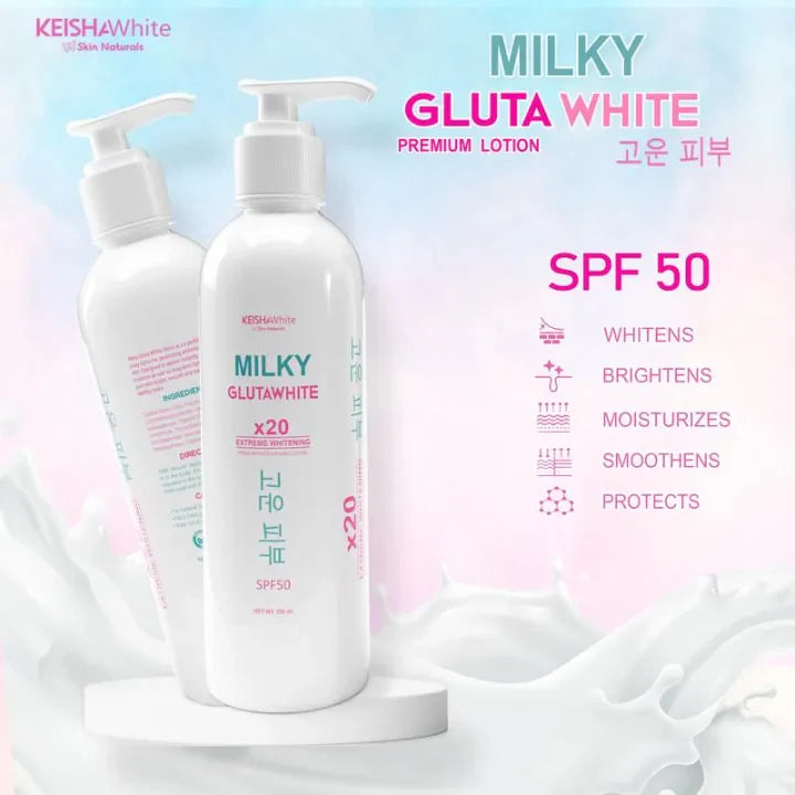Two bottles of Milky Gluta White Premium Lotion with SPF 50 on a light background