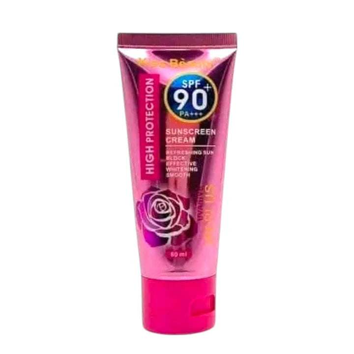 Pink sunscreen cream tube with SPF 90+ on a white background