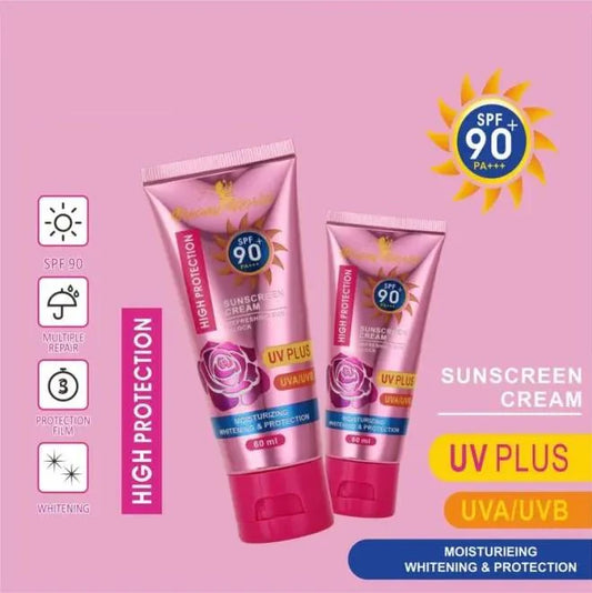 Two pink sunscreen cream tubes with SPF 90 on a pink background