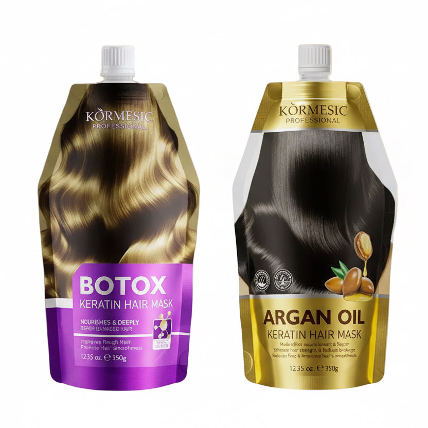 Two Kormesic hair mask bottles, one Botox and one Argan Oil, on a gradient background with promotional text.