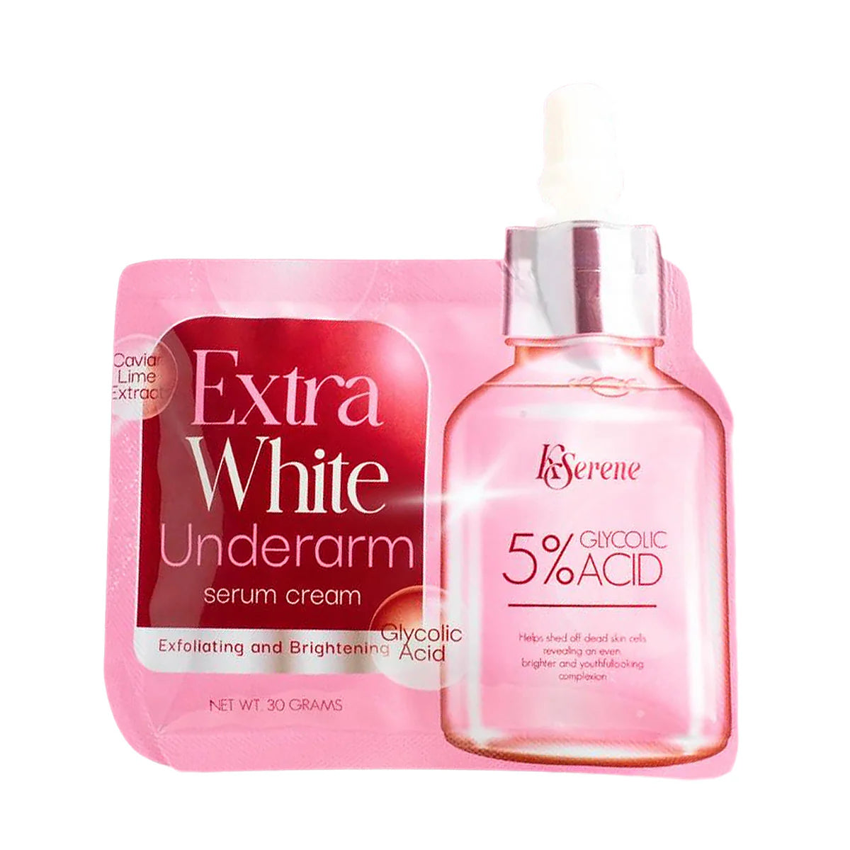 Two skincare products on a white background: a pink packet labeled 'Extra White Underarm serum cream' and a pink bottle labeled '5% Glycolic Acid'.