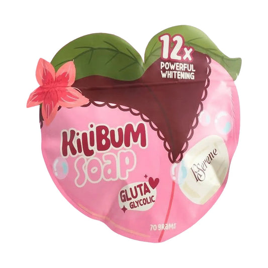 Kilibum soap packaging with pink heart shape and branding details.