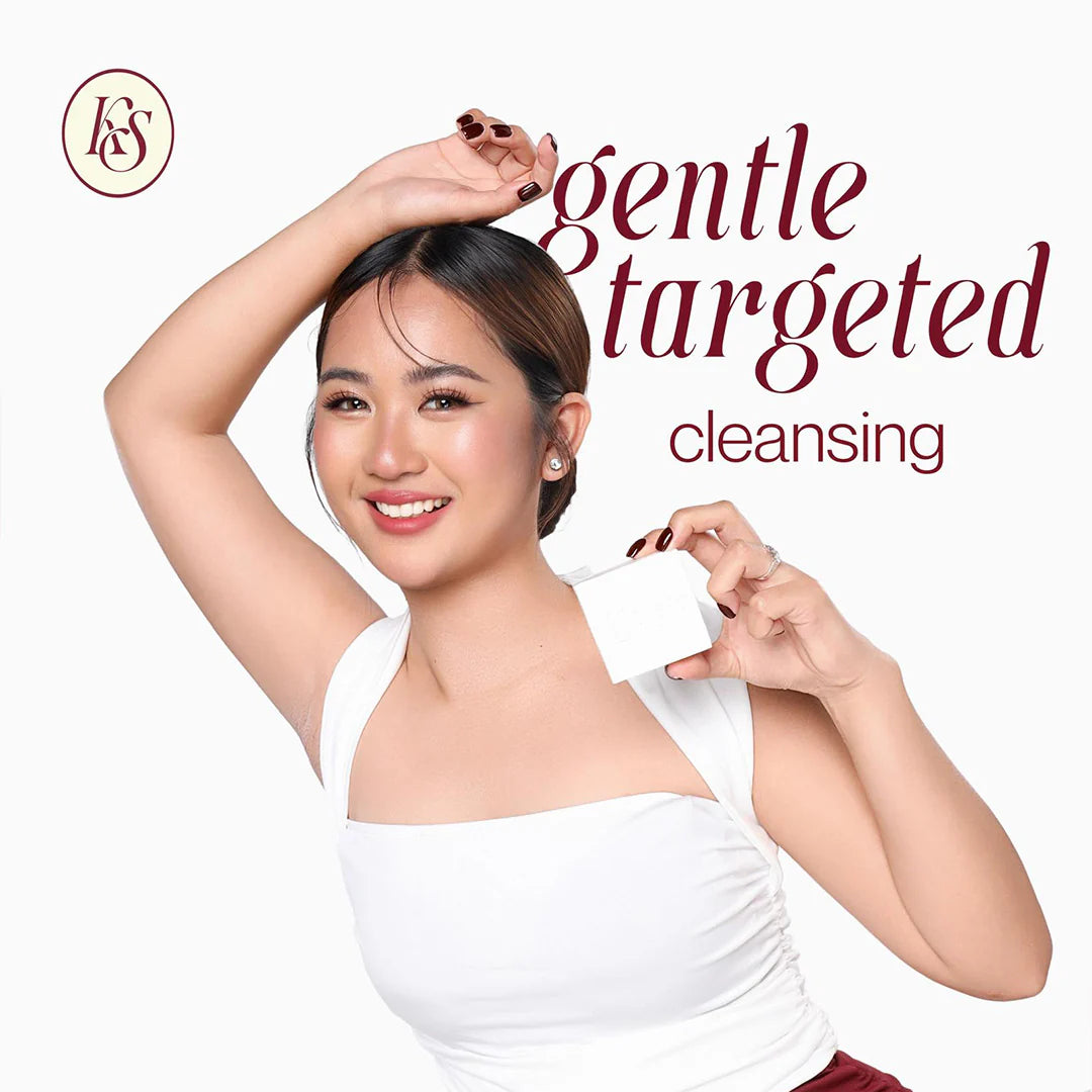 Woman holding a white container with 'gentle targeted cleansing' text and K&K logo.
