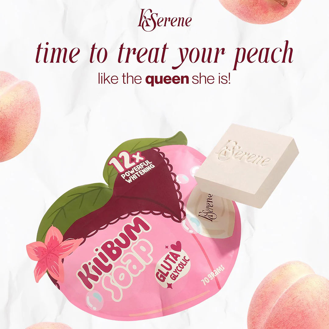 K'Serene skincare product with peaches and soap packaging on a light background