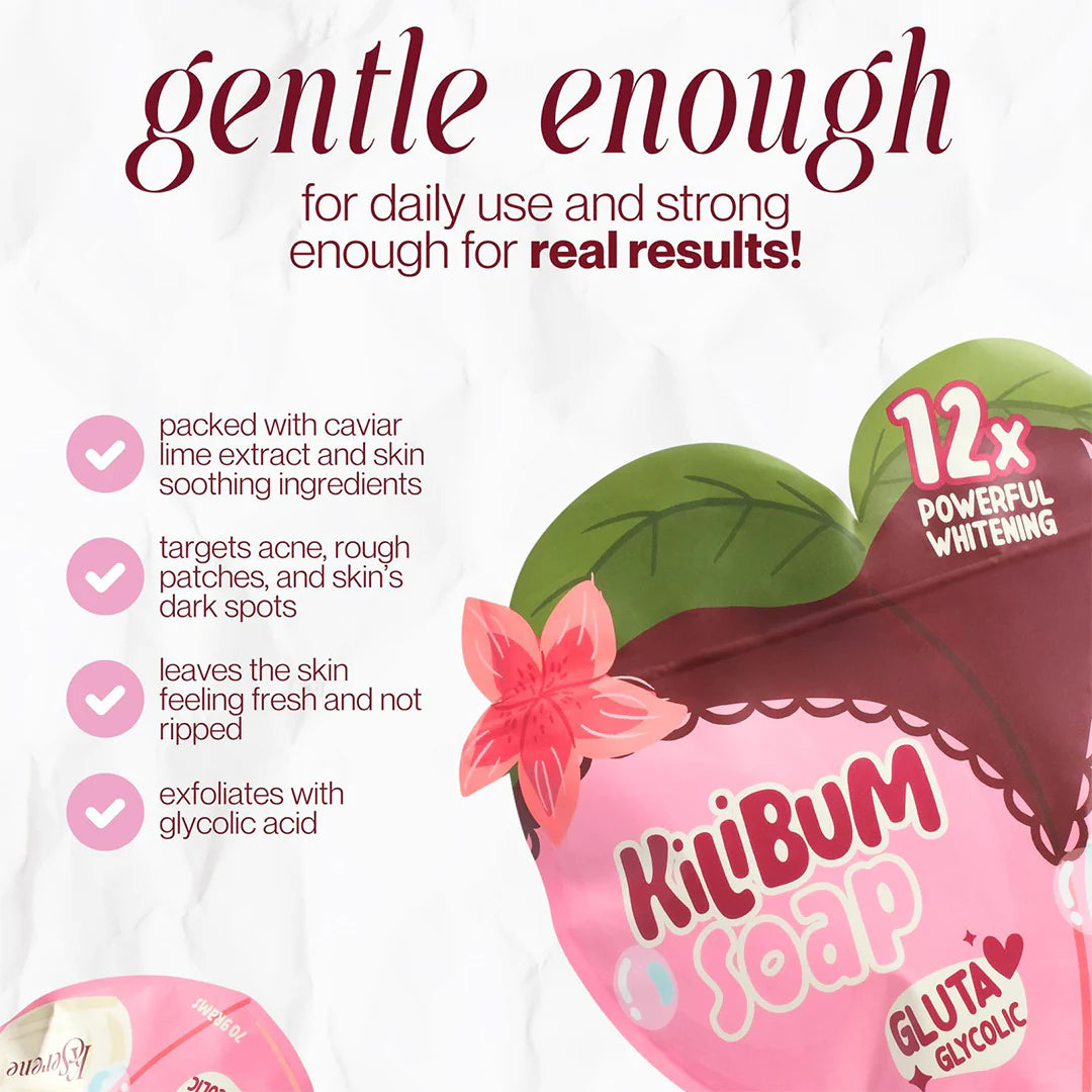 Kilibum soap packaging with text highlighting its benefits on a white background