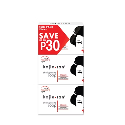 Kojie San skin lightening soap trio pack with promotional text on a white background