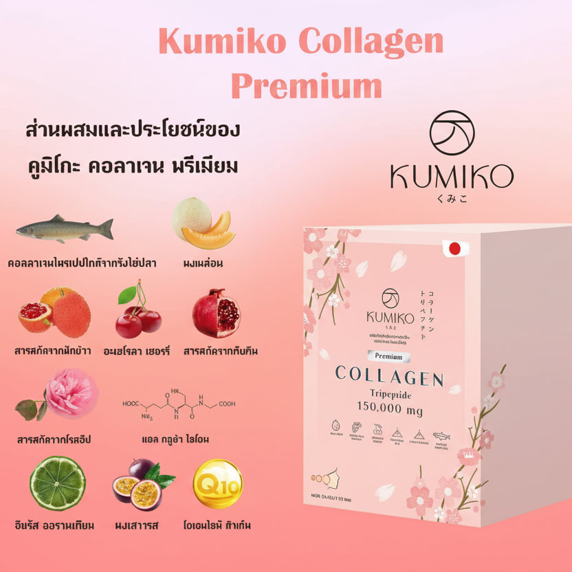 Kumiko Collagen Premium packaging with ingredients and brand logo on a pink background