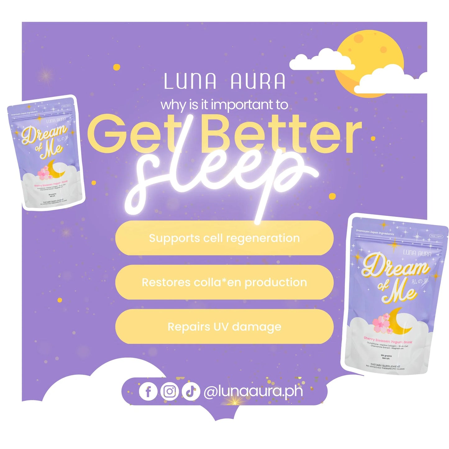 Promotional graphic for Luna Aura sleep product with text and packaging images on a purple background.