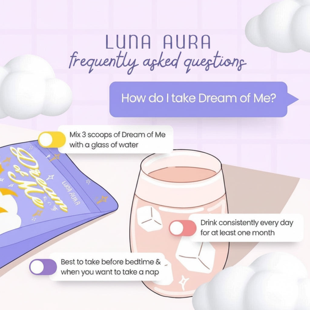Instructions for taking Luna Aura 'Dream of Me' supplement with a glass of water on a light purple background.