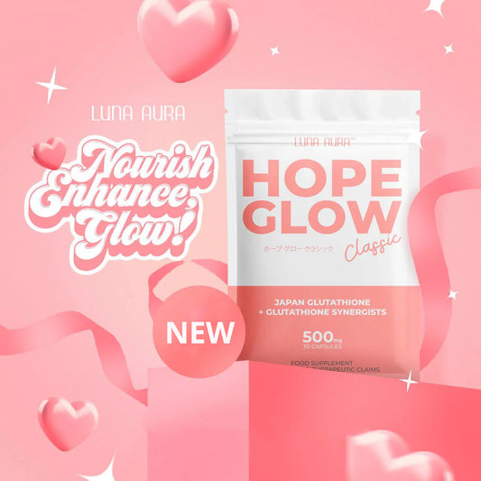 Luna Aura Hope Glow supplement package on a pink background with hearts and text.