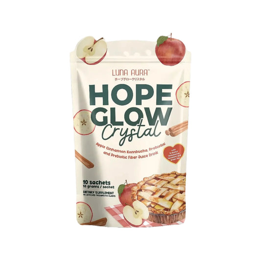 Packaging of Luna Aura Hope Glow Crystal with apple pie illustration on a white background