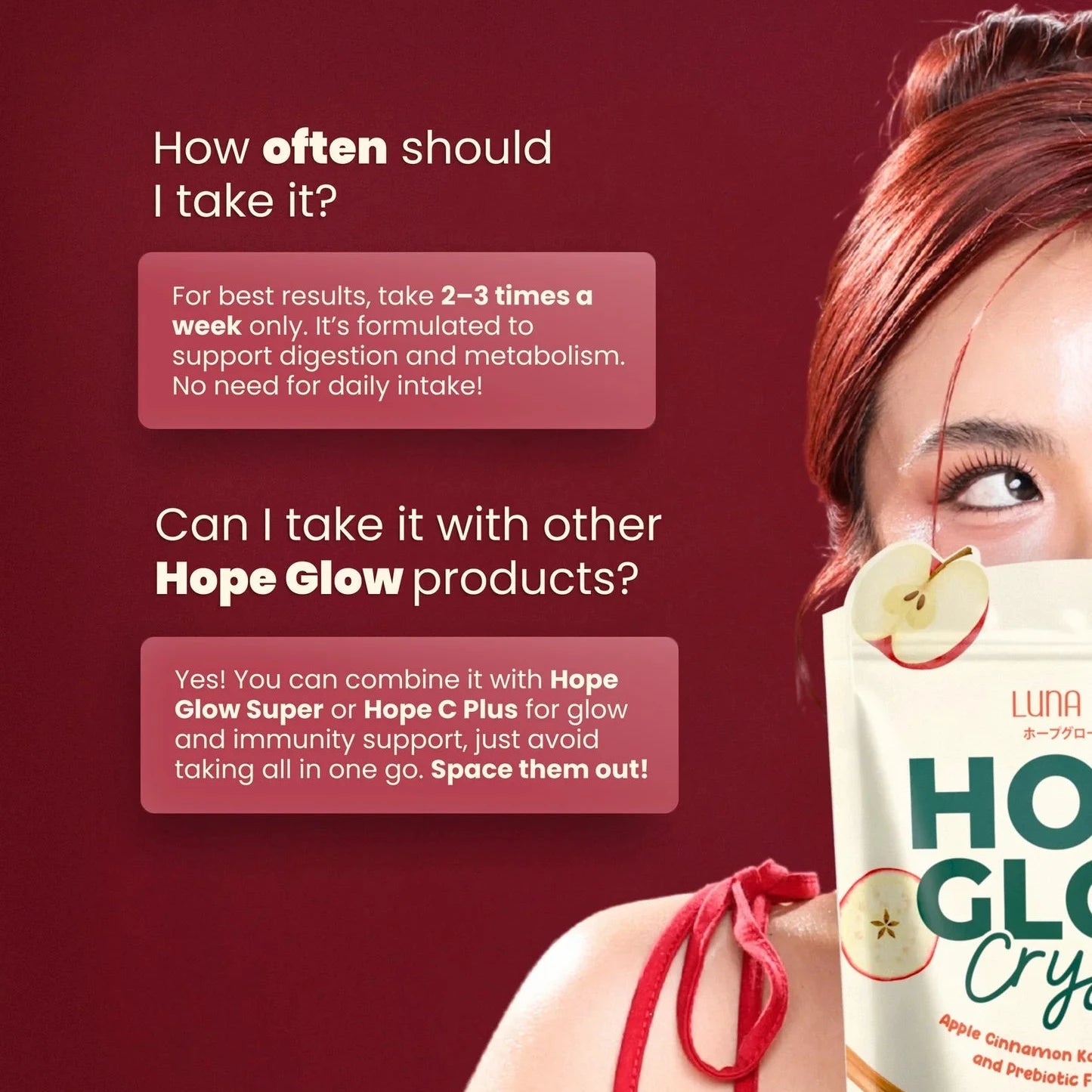 Advertisement for Hope Glow product with a woman holding the packaging on a red background