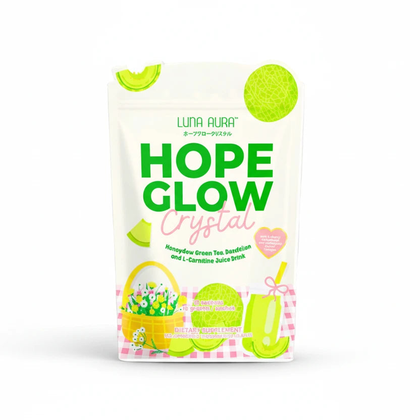Luna Aura Hope Glow Crystal package with green and white design on a white background