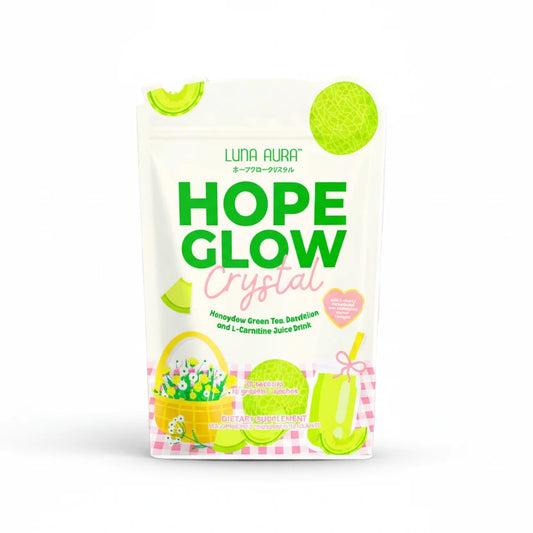 Luna Aura Hope Glow Crystal package with green and white design on a white background