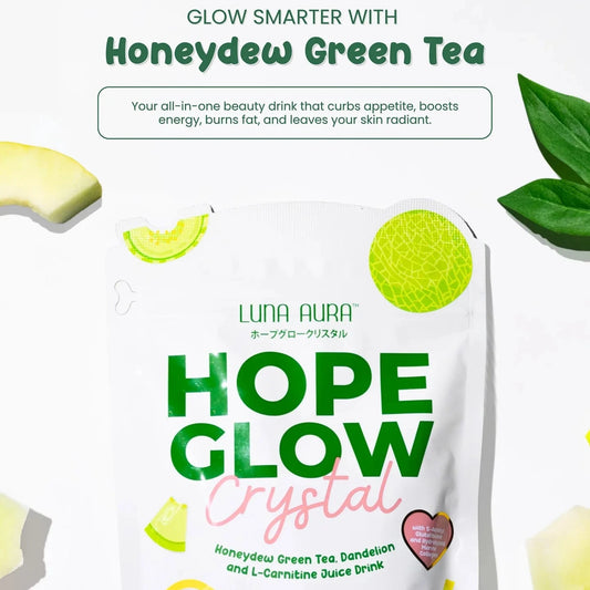 Luna Aura Hope Glow Crystal package with honeydew green tea on a white background