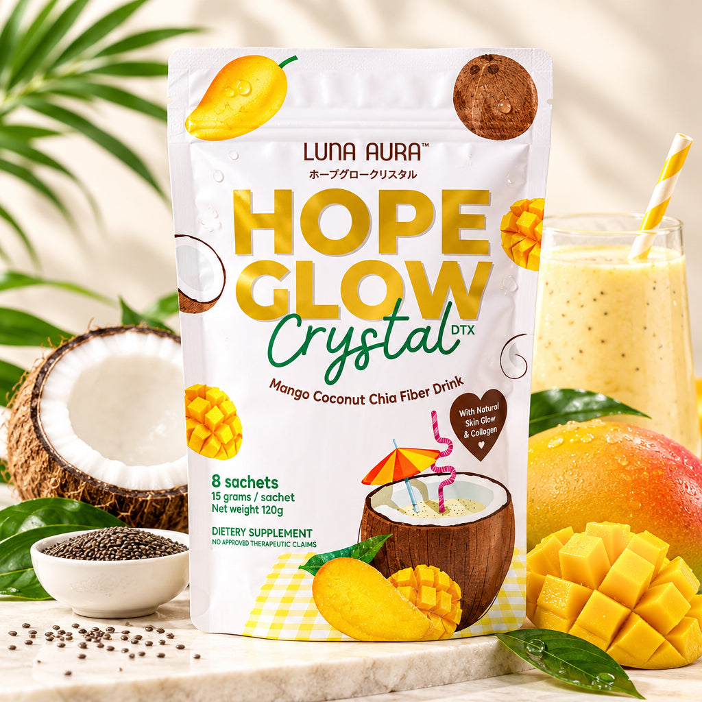 A stand-up pouch of Luna Aura Hope Glow Crystal DTX dietary supplement, featuring mango and coconut illustrations on a light cream background with decorative fruit props.