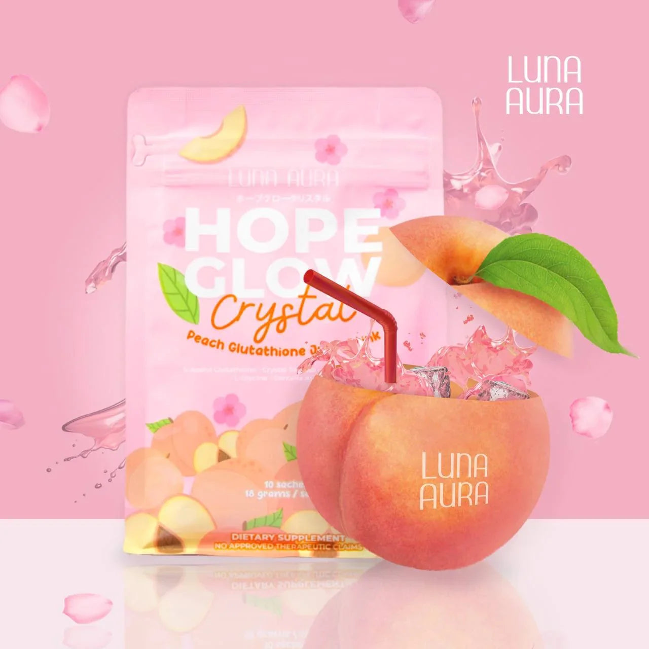 Luna Aura Hope Glow Crystal supplement package with peach graphics on a pink background
