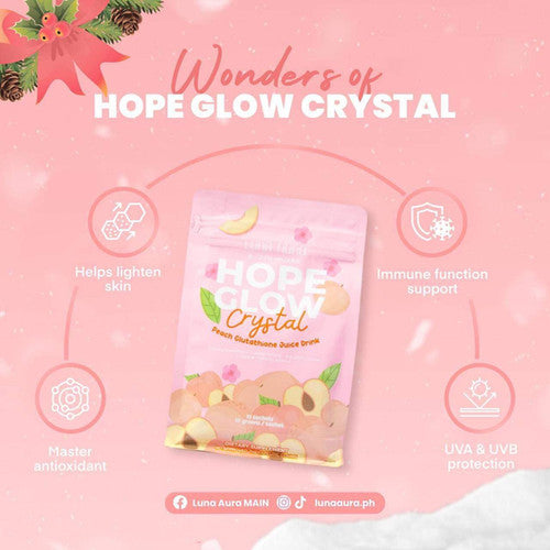 Hope Glow Crystal package on a pink background with text highlighting benefits