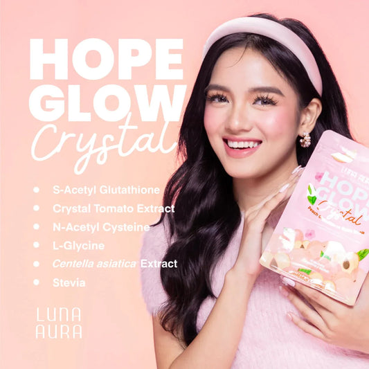 Woman holding a product with 'Hope Glow Crystal' branding on a pink background