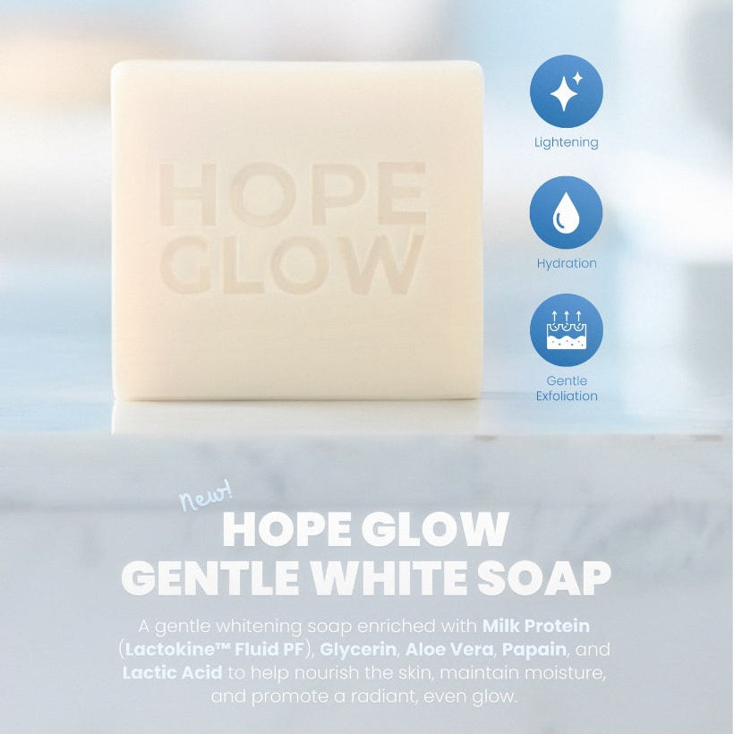 Hope Glow gentle white soap bar with packaging on a light blue background