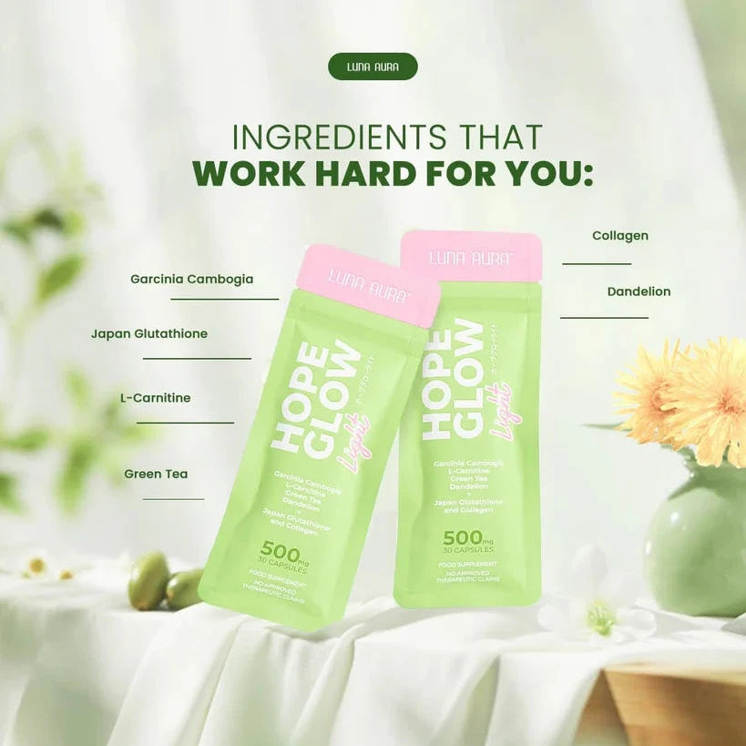 Two green 'Hope Glow' supplement packages on a white surface with decorative elements.