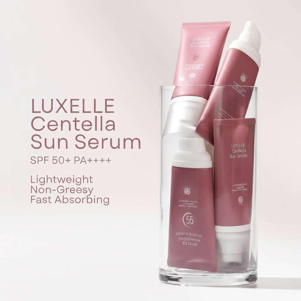 Luxelle Centella Sun Serum bottles in a glass display with text on a light gray background