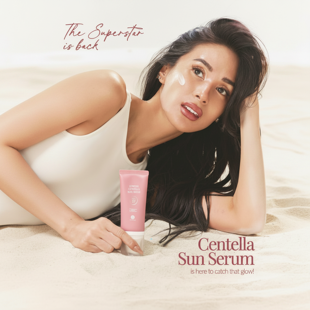Woman holding a pink Centella Sun Serum with text about the product on a light background