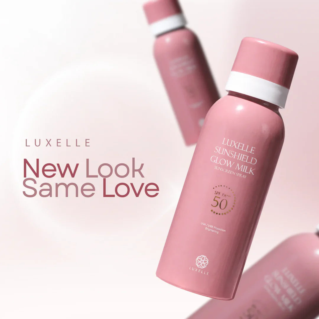Pink sunscreen bottle with 'Luxelle' branding on a light pink background