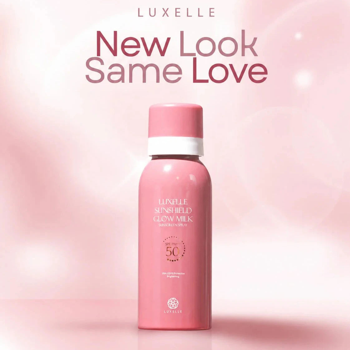 Pink bottle of Luxelle skincare product on a pink background with text 'New Look Same Love'.