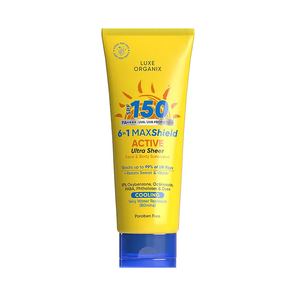 Yellow sunscreen tube with blue base on a white background