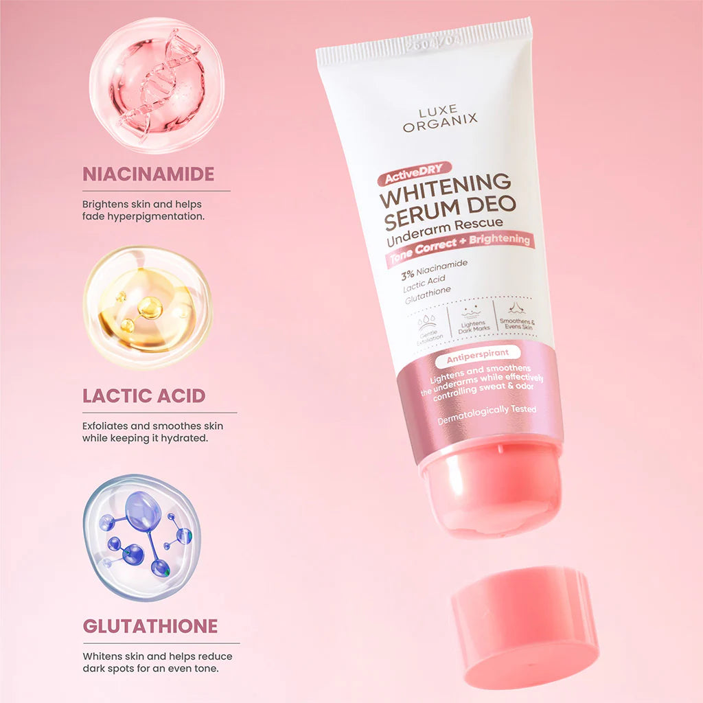 Luxe Organix whitening serum deo on a pink background with ingredients highlighted.