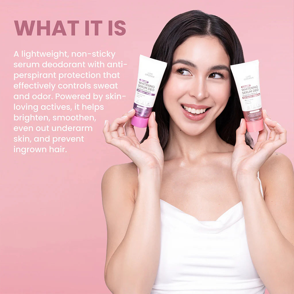 Woman holding two skincare products with text about a serum deodorant on a pink background