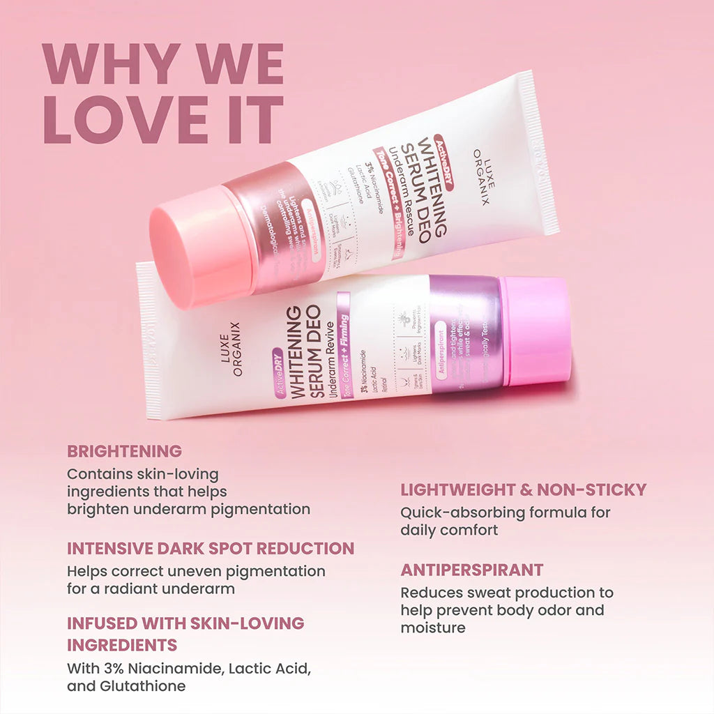 Two bottles of Luxyl Originals whitening serum deo on a pink background with text highlighting features.