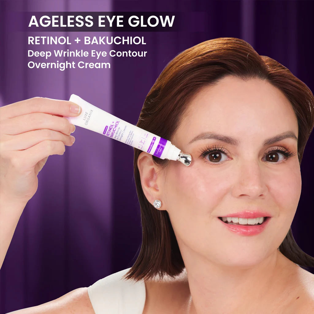 Woman applying eye cream with a purple background and text about the product.