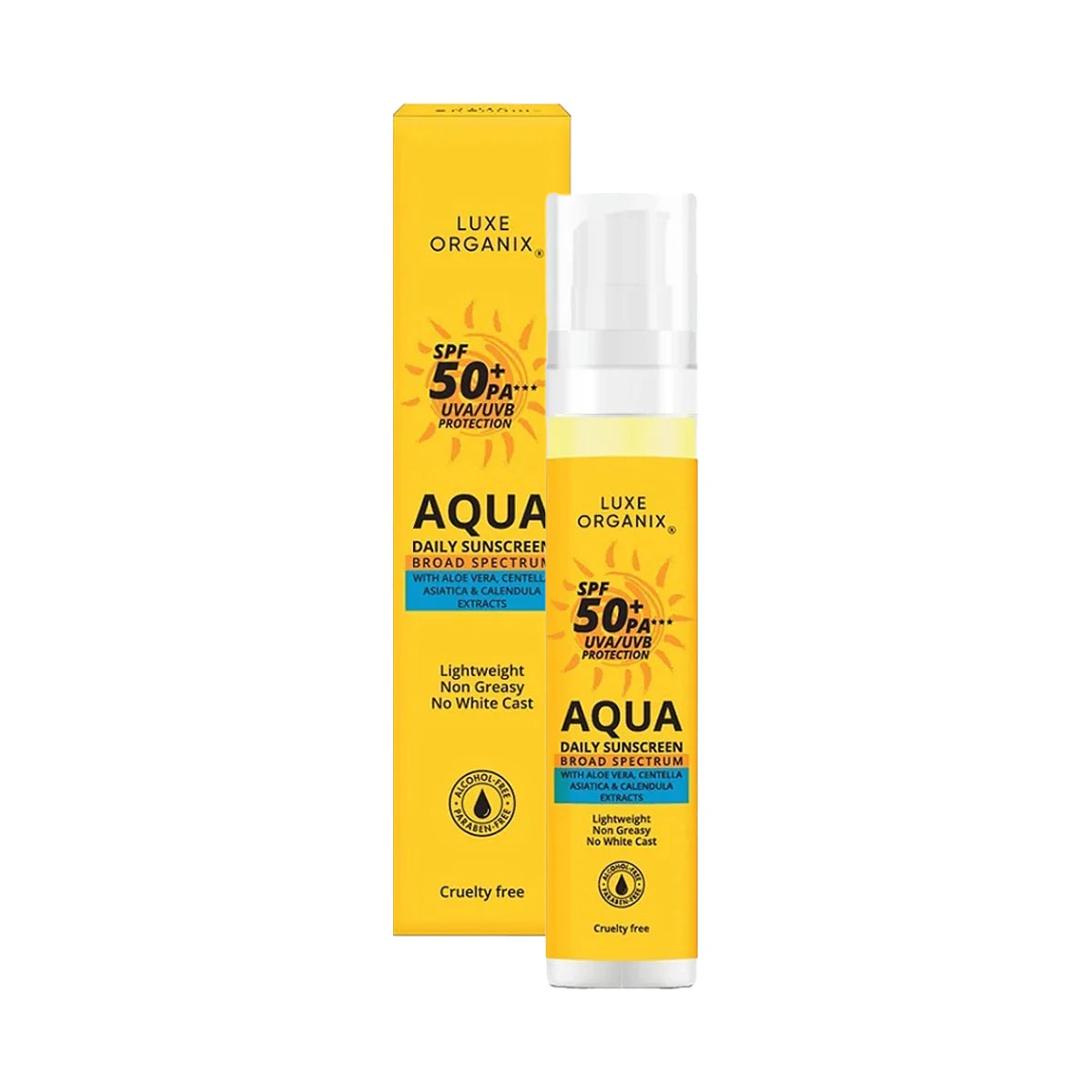 Luxe Organix Aqua Daily Sunscreen with packaging on a white background