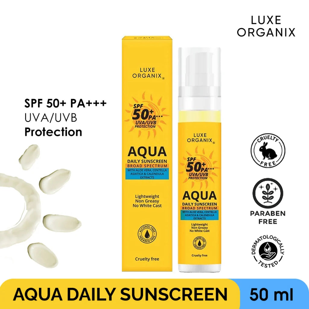 Luxe Organix Aqua Daily Sunscreen with packaging and product details on a white background