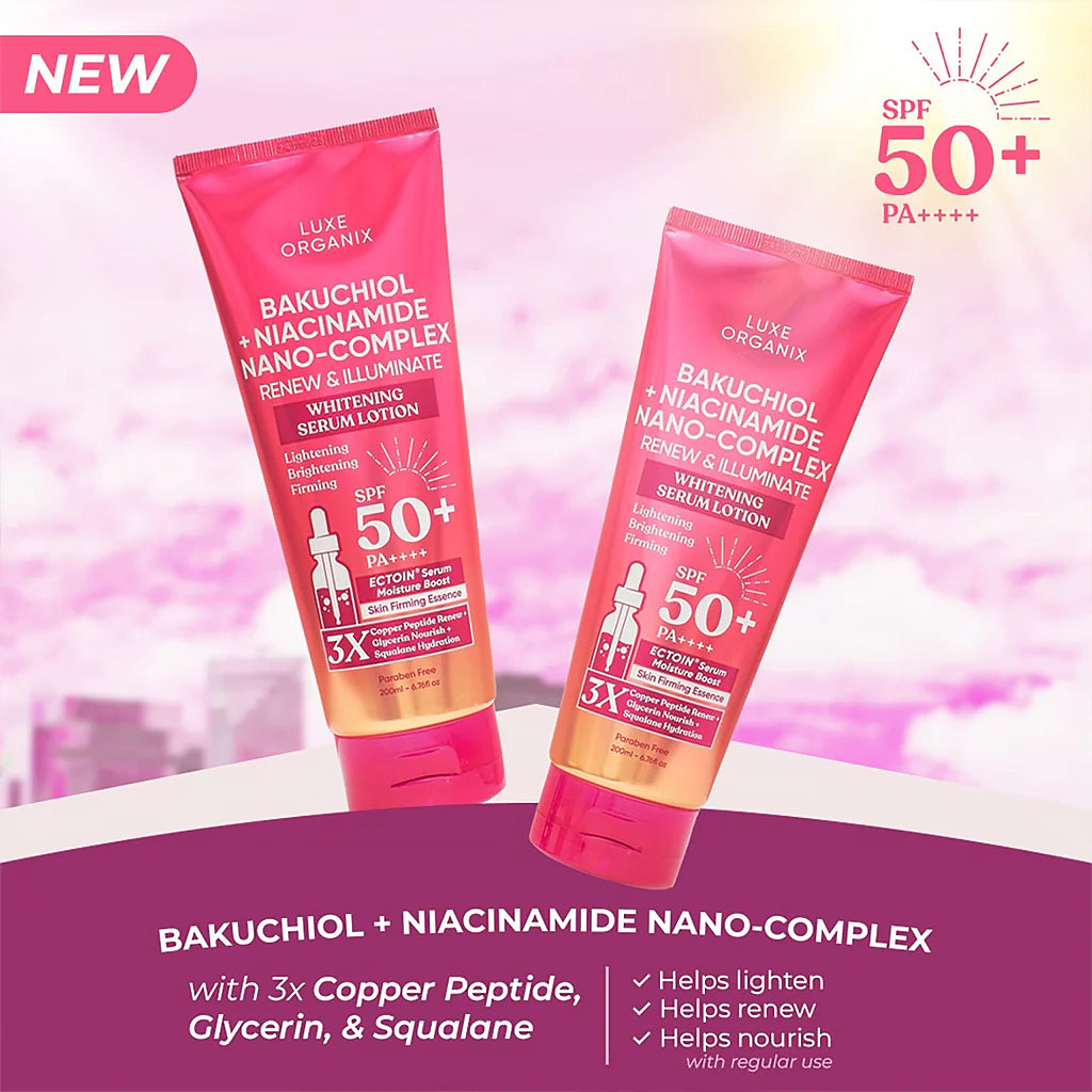 Two Luxe Organix skincare serums with SPF 50+ on a pink and purple gradient background.