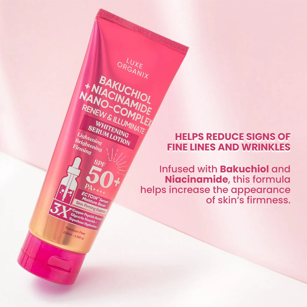 Pink skincare lotion tube with text on a pink background