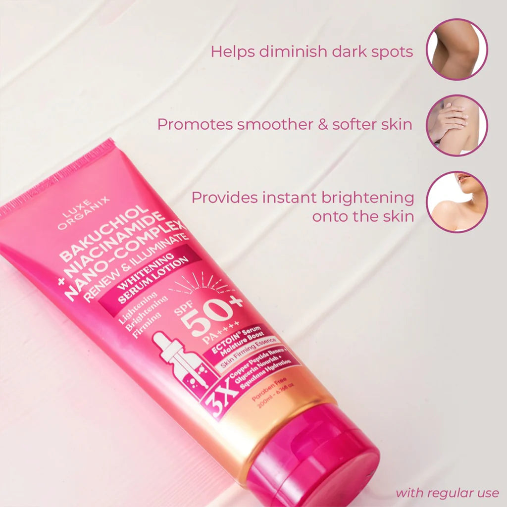 Pink skincare bottle with text on a white background