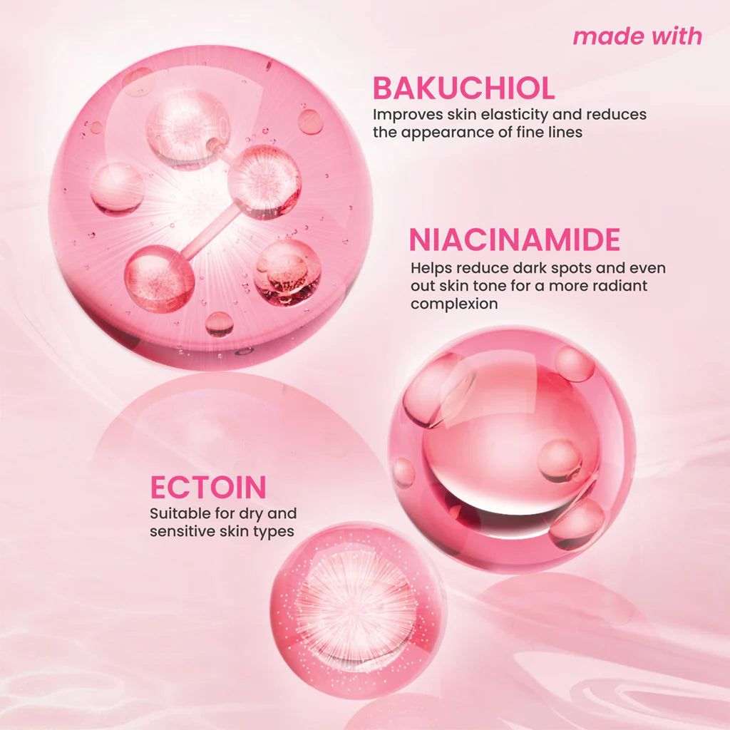 Cosmetic product with pink droplets labeled 'Bakuchiol', 'Niacinamide', and 'Ectoin' on a pink background.