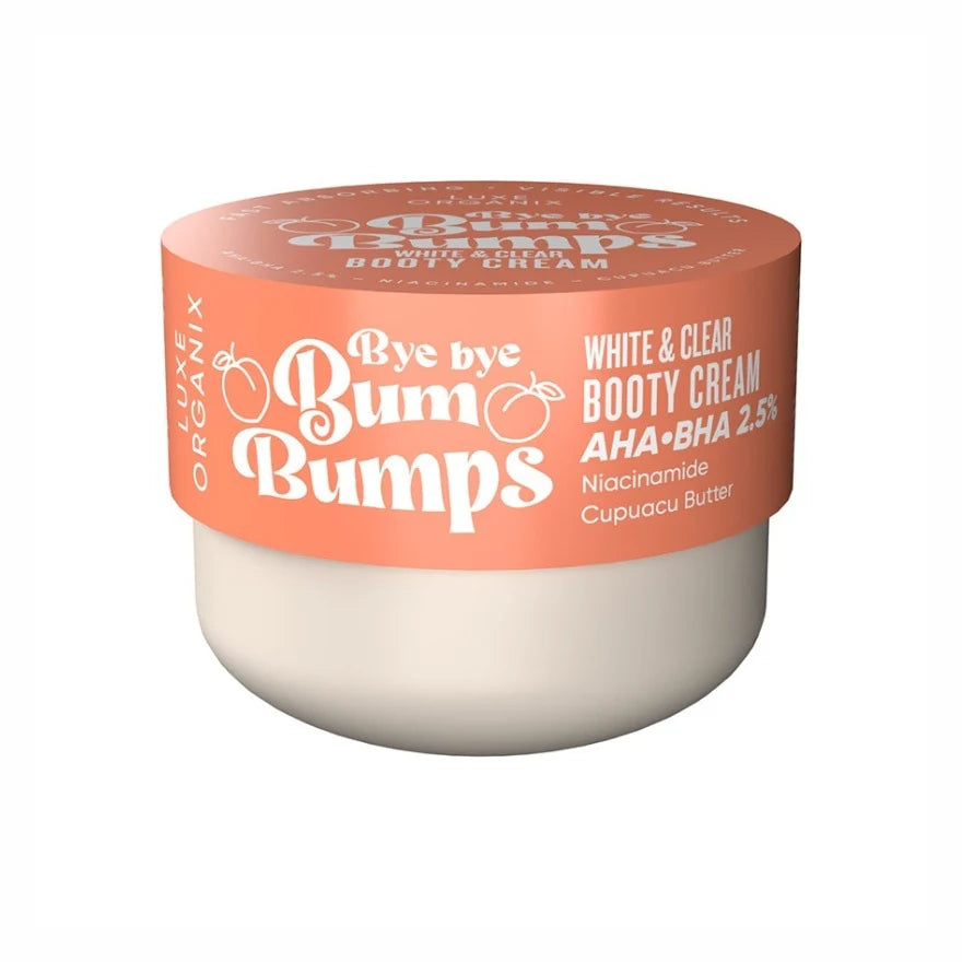 Jar of 'Bye Bye Bum Bumps' booty cream with a peach-colored lid on a white background