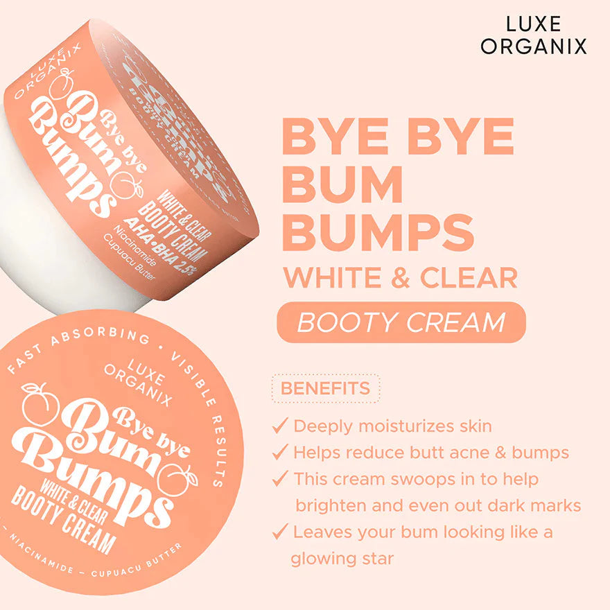 Luxe Organix Bye Bye Bum Bumps White & Clear Booty Cream packaging with product details on a light pink background.