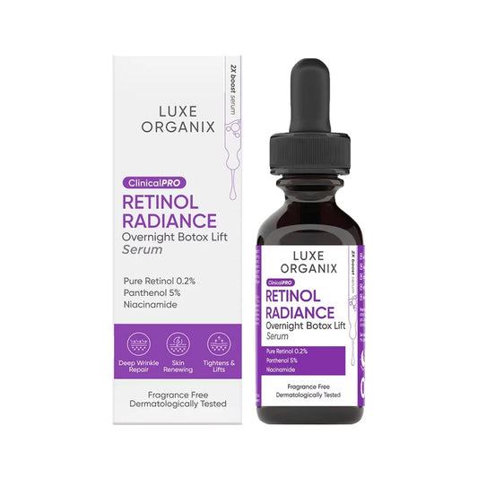 Luxe Organix Retinol Radiance Serum bottle and packaging on a white background
