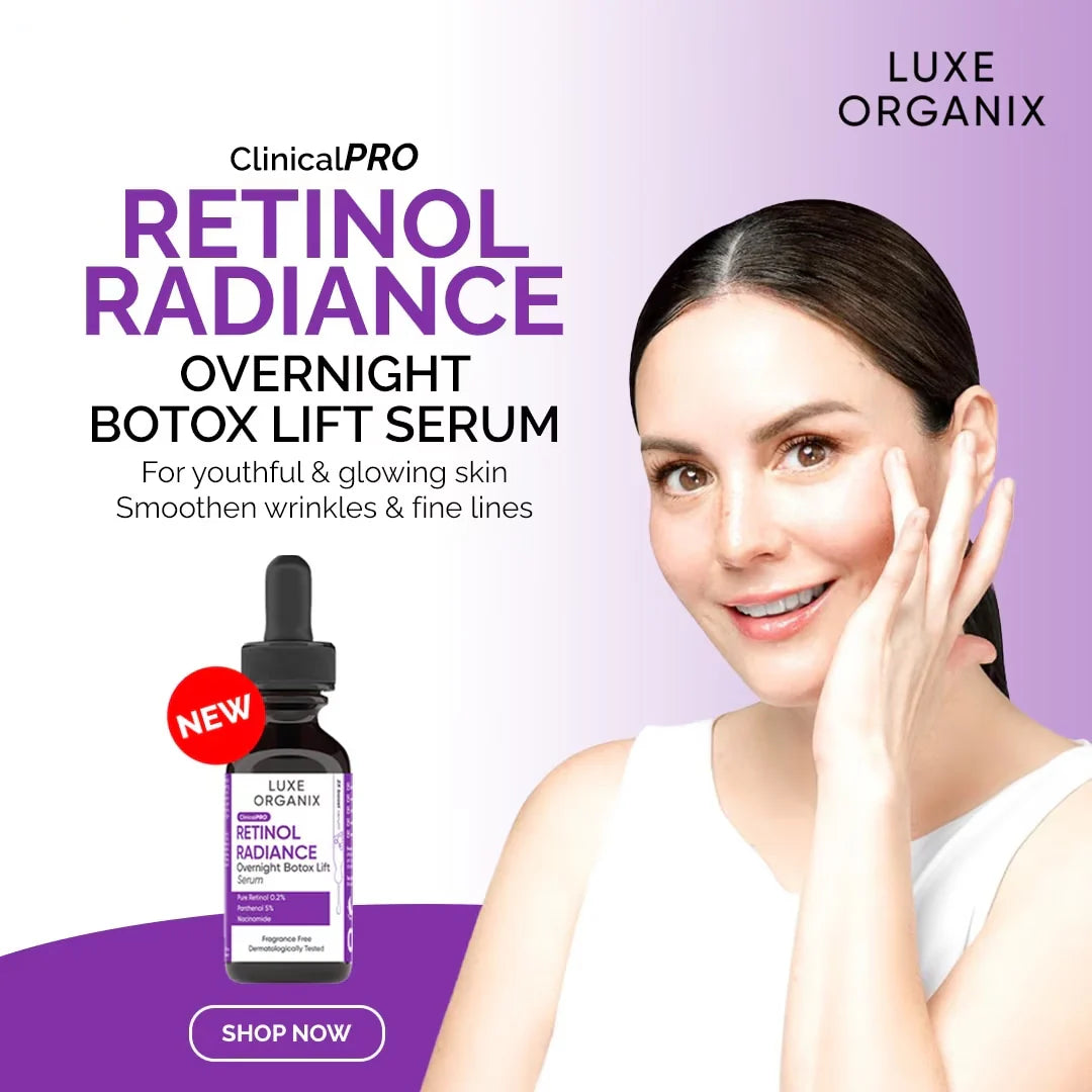 Advertisement for Luxe Organix Retinol Radiance serum with a woman touching her face on a purple background.