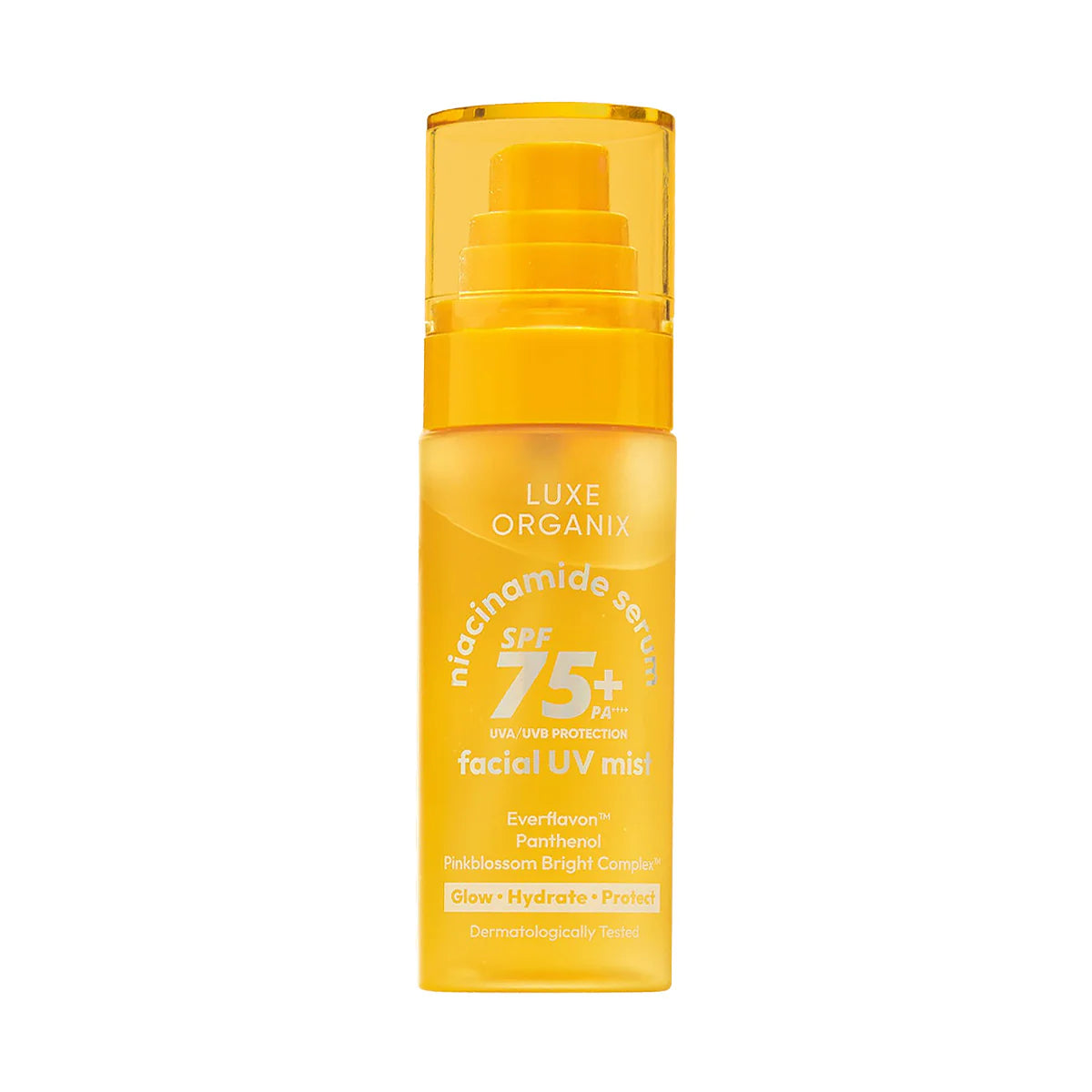 Yellow bottle of Luxe Organix facial UV mist with SPF 75 on a white background