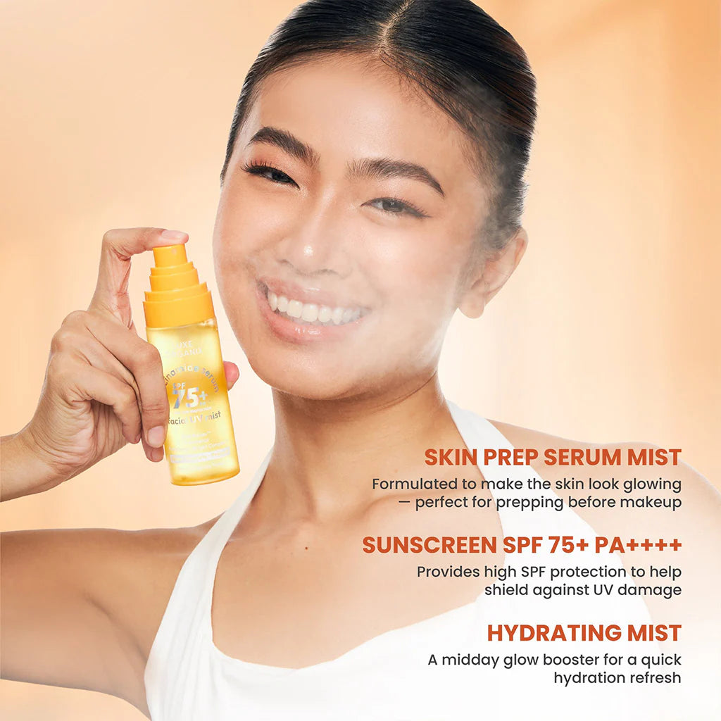 Woman holding a skin prep serum mist with product details on a beige background